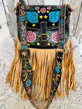 Load image into Gallery viewer, Hand tooled strap detail on Midnight Starfall leather fringe crossbody bag with painted floral and celestial design