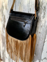 Load image into Gallery viewer, Back view of Midnight Starfall leather fringe crossbody bag showing rear zip pocket and long tan leather fringe
