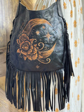 Load image into Gallery viewer, Moonflower hand tooled leather fringe crossbody boho bag by Dreamtime Boho. Designed in Australia, shipping worldwide. 