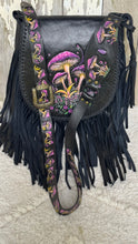 Load image into Gallery viewer, Mushroom Magic handcrafted black leather fringe crossbody bag featuring hand-tooled purple mushroom artwork and matching painted leather strap.