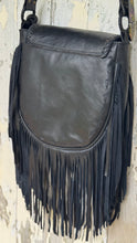Load image into Gallery viewer, Rear view of Mushroom Magic genuine black leather fringe bag showing smooth leather back, braided leather edging and long flowing fringe.