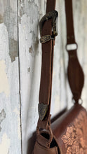 Load image into Gallery viewer, Adjustable brown leather crossbody strap with decorative metal buckle detail