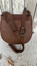 Load image into Gallery viewer, Back view of Myla handcrafted brown leather boho crossbody bag with adjustable strap