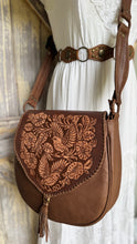 Load image into Gallery viewer, Brown Myla leather crossbody bag with intricate hand tooled bird and floral design