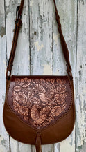 Load image into Gallery viewer, Handcrafted brown leather crossbody bag featuring detailed hand tooled birds and flowers