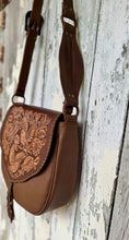 Load image into Gallery viewer, Side view of Myla brown leather boho bag showing handcrafted construction and tooled flap