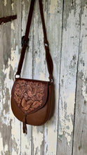 Load image into Gallery viewer, Myla brown tooled leather shoulder and crossbody bag with adjustable strap