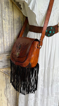 Load image into Gallery viewer, Hand tooled leather boho bag with double dark chocolate fringe and turquoise stone centrepiece
