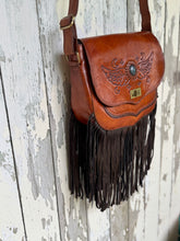 Load image into Gallery viewer, Genuine leather boho fringe crossbody bag with hand tooled celestial wings design