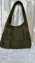 Load image into Gallery viewer, Olive green suede leather fringe shoulder bag with layered fringe detailing and soft slouchy shape.