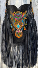 Load image into Gallery viewer, Close up of hand painted owl design on black hand tooled genuine leather boho bag.