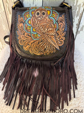 Load image into Gallery viewer, Hand painted owl leather fringe crossbody bag featuring detailed hand tooled leather design