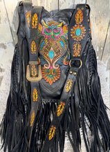 Load image into Gallery viewer, Hand tooled owl leather fringe boho bag with hand painted design on black genuine leather by Dreamtime Boho 