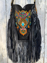 Load image into Gallery viewer, Handcrafted owl leather fringe bag featuring vibrant hand painted boho artwork.