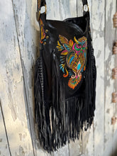 Load image into Gallery viewer, Side view of hand tooled owl leather fringe bag with braided leather sides.