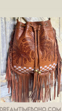Load image into Gallery viewer, Palm Dreams hand tooled leather crossbody fringe bag with long fringe and palm tree detailing, boho leather handbag