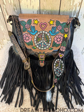 Load image into Gallery viewer, Peace &amp; Harmony hand tooled leather fringe boho bag with adjustable leather shoulder strap detail
