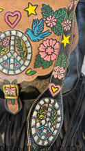 Load image into Gallery viewer, Close-up of hand painted leather strap detail on Peace &amp; Harmony boho fringe shoulder bag