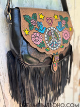 Load image into Gallery viewer, Peace &amp; Harmony hand tooled leather fringe shoulder boho bag with detailed front artwork, handcrafted by Dreamtime Boho