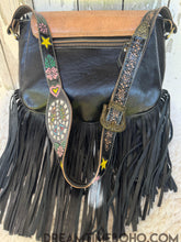 Load image into Gallery viewer, Back view of Peace &amp; Harmony hand tooled leather fringe shoulder boho bag in genuine leather
