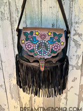 Load image into Gallery viewer, Side view of Peace &amp; Harmony hand tooled leather fringe boho shoulder bag showing layered fringe and leather craftsmanship
