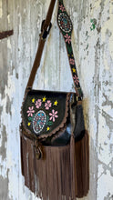 Load image into Gallery viewer, Hand painted peace sign leather fringe shoulder bag with double fringe
