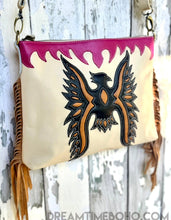 Load image into Gallery viewer, Hand tooled Phoenix Spirit genuine leather fringe handbag in cream and tan