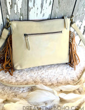 Load image into Gallery viewer, Rear view of Phoenix Spirit leather boho bag with zip pocket and side fringe