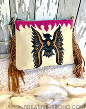 Load image into Gallery viewer,     Phoenix Spirit hand tooled leather fringe boho bag with phoenix design
