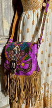Load image into Gallery viewer, Purple leather fringe crossbody bag with colourful hand painted floral, bird and heart artwork