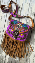 Load image into Gallery viewer, Purple Love Story leather boho bag with hand painted artwork, tan fringe and detailed crossbody strap