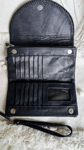 Load image into Gallery viewer, Black boho leather wallet clutch open showing 12 card slots, ID window and note compartments