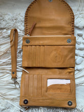 Load image into Gallery viewer, Tan boho wallet for women showing card slots, note compartments, zip pockets and ID window