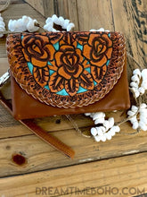 Load image into Gallery viewer, Hand tooled and hand painted floral leather wallet purse in warm brown and turquoise tones