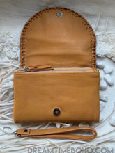 Load image into Gallery viewer, Tan boho leather wallet open showing spacious internal compartments and magnetic closure
