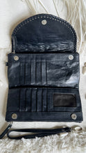Load image into Gallery viewer, Black boho leather wallet clutch open showing card slots ID window and interior compartments