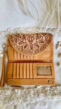 Load image into Gallery viewer, Tan boho leather wallet clutch open showing card slots ID window and spacious interior