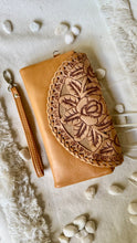 Load image into Gallery viewer, Tan hand tooled boho leather wallet clutch with floral front flap and removable wristlet strap