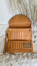 Load image into Gallery viewer, Tan handcrafted leather wallet open showing multiple card slots note compartments and magnetic closure By Dreamtime Boho