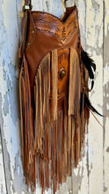 Load image into Gallery viewer, Close up of genuine leather double fringe and handcrafted details on the Rustic Feather crossbody bag.