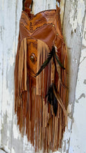 Load image into Gallery viewer, Rustic Feather leather crossbody bag with removable feather accents, gemstone feature and hand tooled leather.