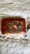 Load image into Gallery viewer, Hand tooled boho leather wallet in antique brown featuring moon, floral and gemstone detailing