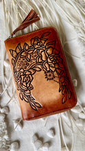 Load image into Gallery viewer, Back view of Rustic Moon genuine leather wallet with intricate hand tooled floral and moon artwork