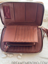 Load image into Gallery viewer, Open Rustic Moon leather wallet showing 17 card slots, ID windows and interior compartments