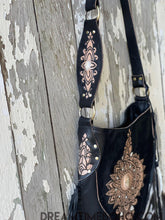 Load image into Gallery viewer, Sahara Moon Mandala Hand-Tooled Black Leather Fringe Boho Crossbody Bag-Apparel &amp; Accessories-Dreamtime Boho -Dreamtime Boho
