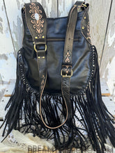Load image into Gallery viewer, Sahara Moon Mandala Hand-Tooled Black Leather Fringe Boho Crossbody Bag-Apparel &amp; Accessories-Dreamtime Boho -Dreamtime Boho