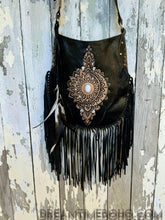 Load image into Gallery viewer, Sahara Moon Mandala Hand-Tooled Black Leather Fringe Boho Crossbody Bag-Apparel &amp; Accessories-Dreamtime Boho -Dreamtime Boho