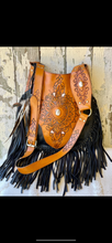 Load image into Gallery viewer, Sahara Moon black and tan hand-tooled leather fringe boho crossbody bag with mandala design and white feature stone by Dreamtime Boho, shipped worldwide from Queensland Australia