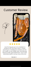 Load image into Gallery viewer, Customer review featuring Sahara Moon black and tan hand-tooled leather fringe boho crossbody bag by Dreamtime Boho, handcrafted and shipped worldwide from Queensland Australia