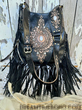 Load image into Gallery viewer, Sahara Moon Mandala Hand-Tooled Black Leather Fringe Boho Crossbody Bag-Apparel &amp; Accessories-Dreamtime Boho -Dreamtime Boho